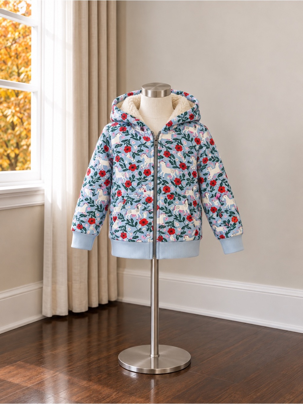 Hanna Andersson Light Blue Floral & Horse Hooded Jacket